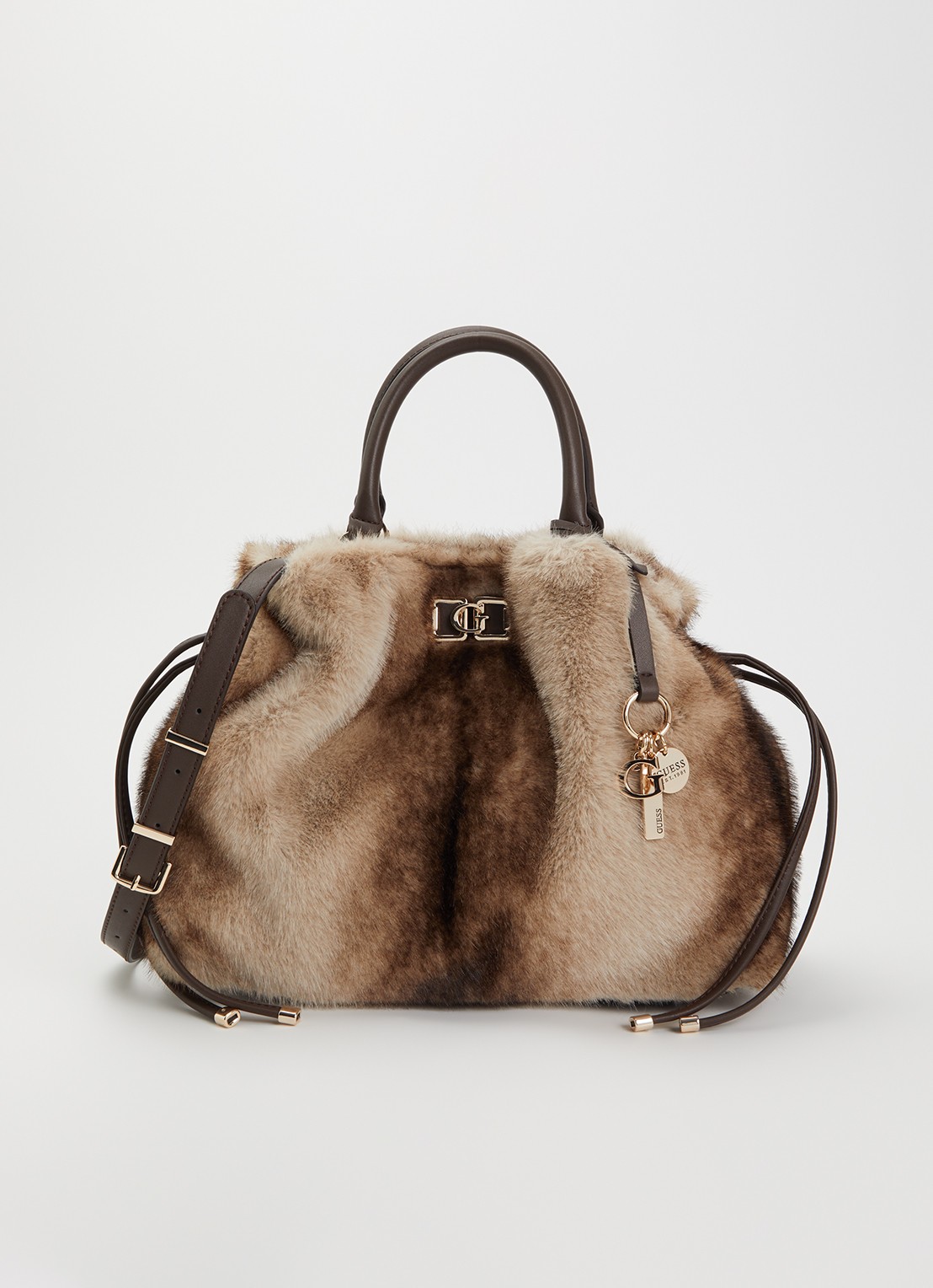 GUESS Mavis handtas van imitatiebont met afneembare schouderriem - voorkant 4 beige