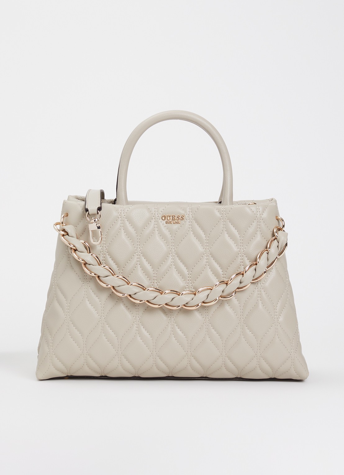 GUESS Maxine handtas met quilt patroon en afneembare schouderriem - voorkant 2 donkerbeige