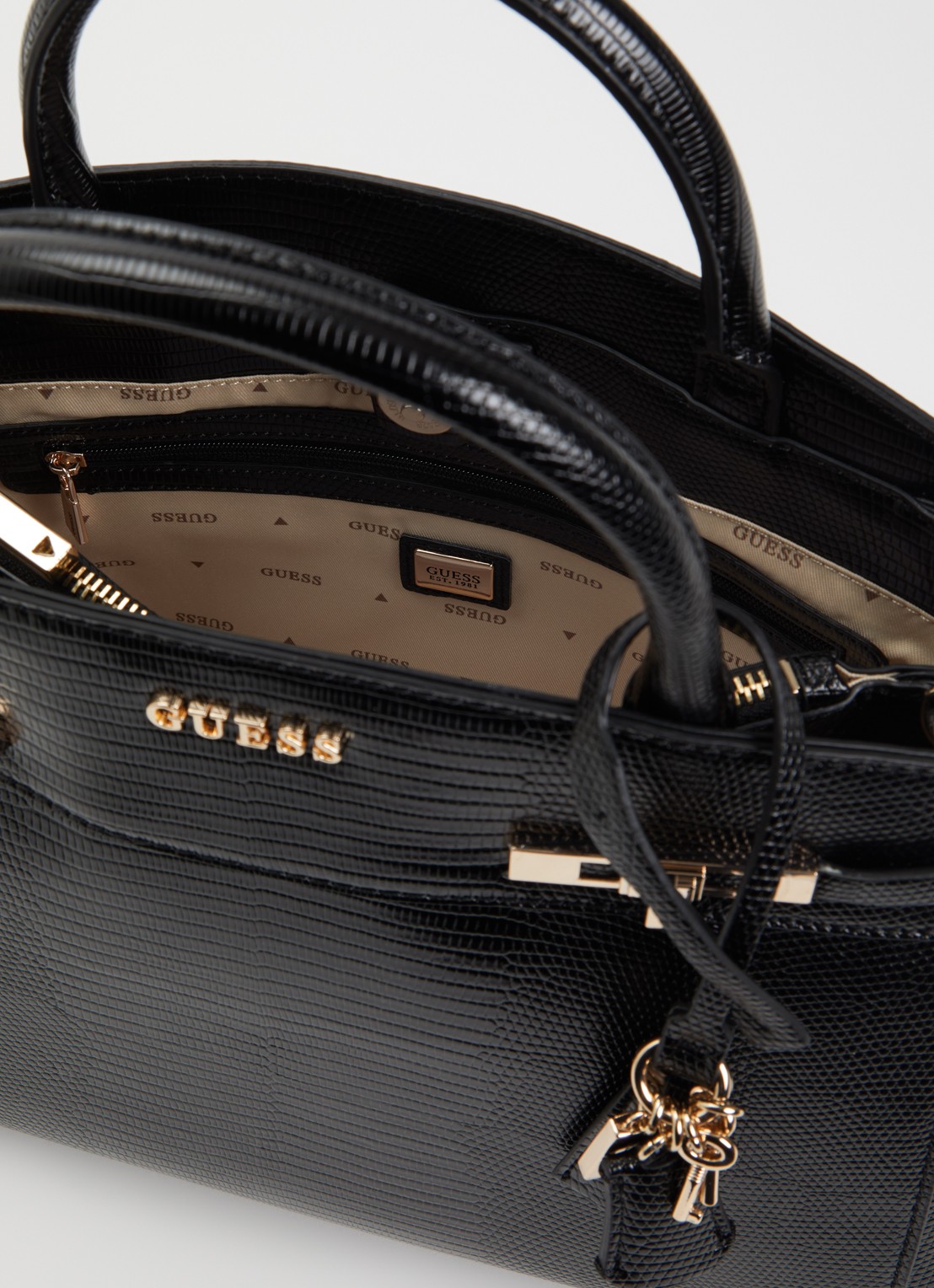 GUESS Melinda handtas met crocostructuur en afneembare schouderriem - detail 5 zwart