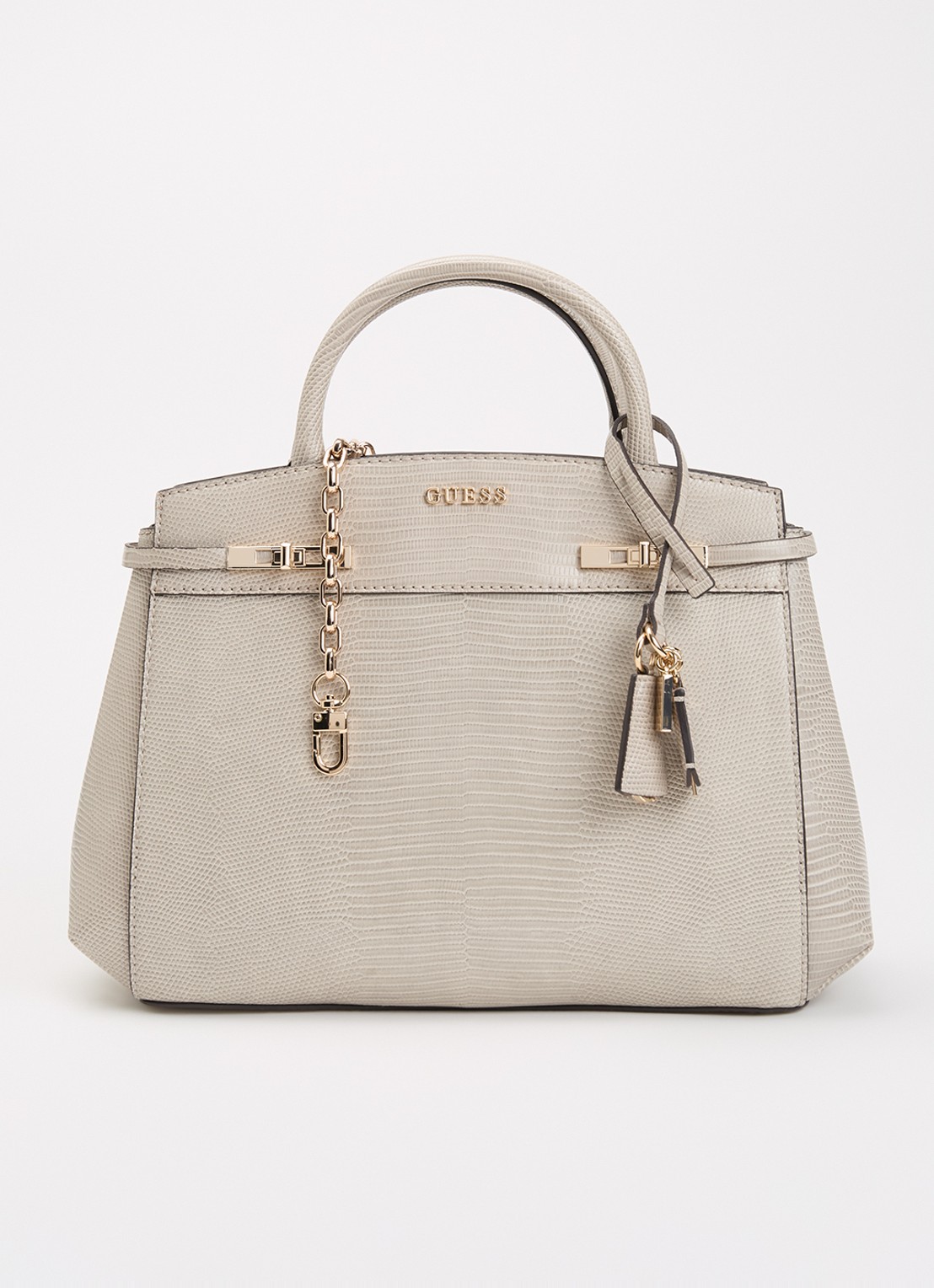 GUESS Melinda handtas met crocostructuur en afneembare schouderriem - voorkant 2 donkerbeige