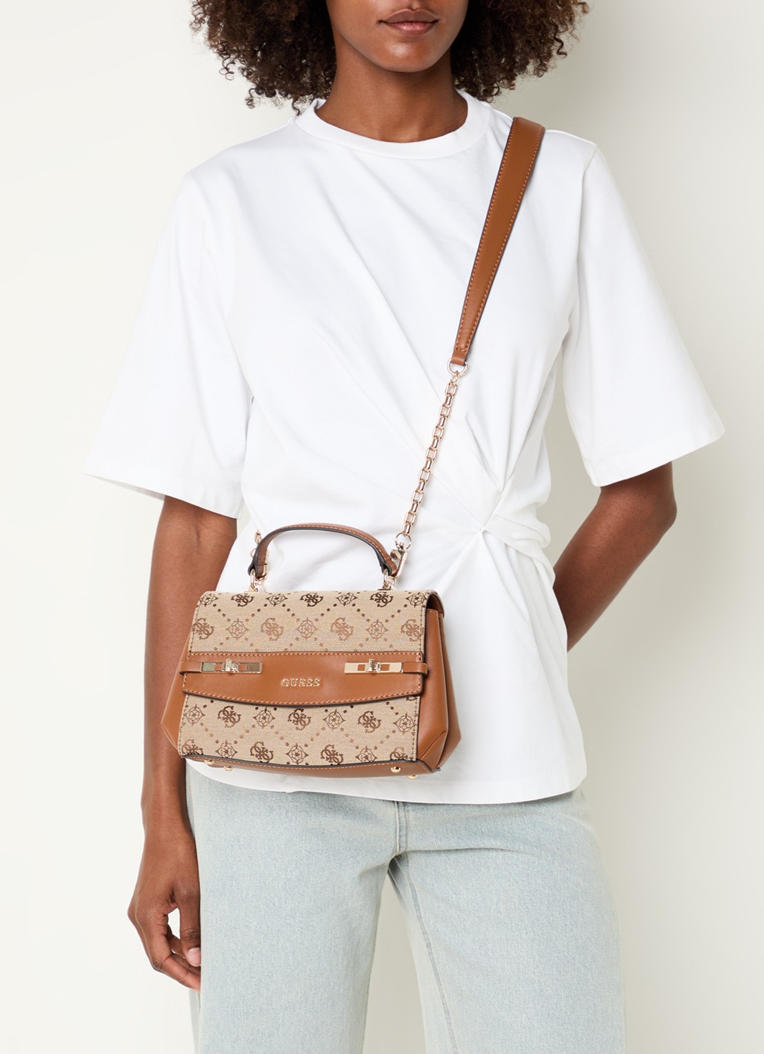 GUESS Melinda Logo handtas met logoprint en afneembare schouderriem  - voorkant 7 bruin