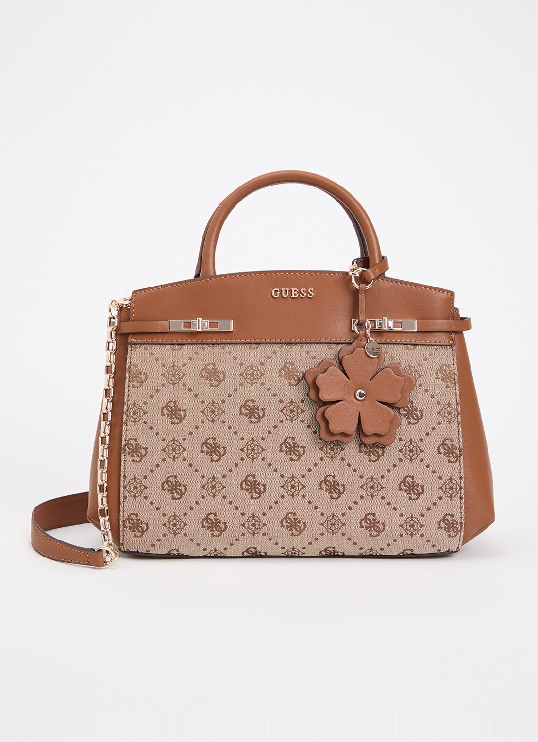 GUESS Melinda logo handtas met logoprint en tasbedel  - voorkant 5 bruin