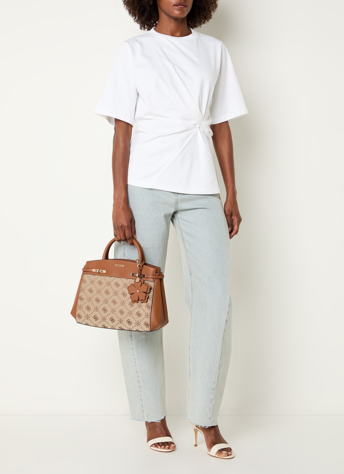 GUESS Melinda logo handtas met logoprint en tasbedel  - voorkant 7 bruin