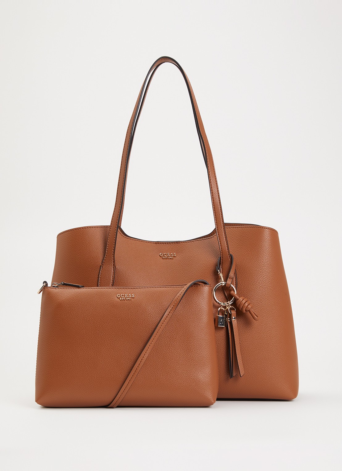 GUESS Melody schoudertas met uitneembaar etui en tasbedel  - voorkant 2 kastanjebruin
