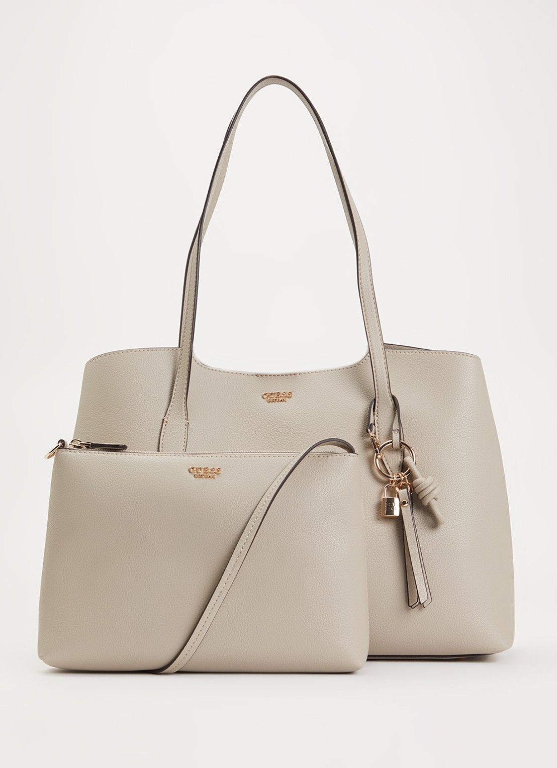GUESS Melody schoudertas met uitneembaar etui en tasbedel  - voorkant 5 taupe