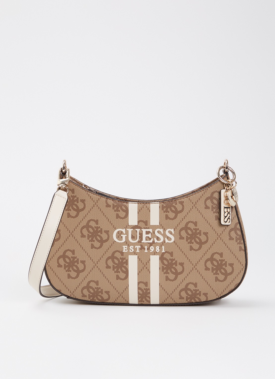 GUESS Noelle ll schoudertas met logoprint en afneembare schouderriem - voorkant 2 lichtbruin