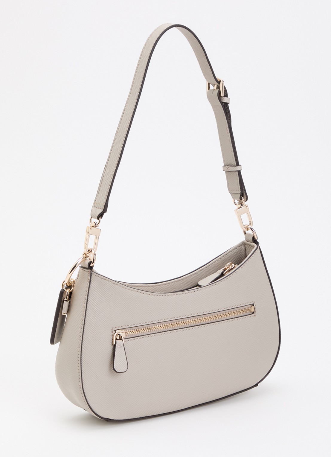 GUESS Noelle saffiano schoudertas met logo en afneembare schouderriem  - achterkant taupe
