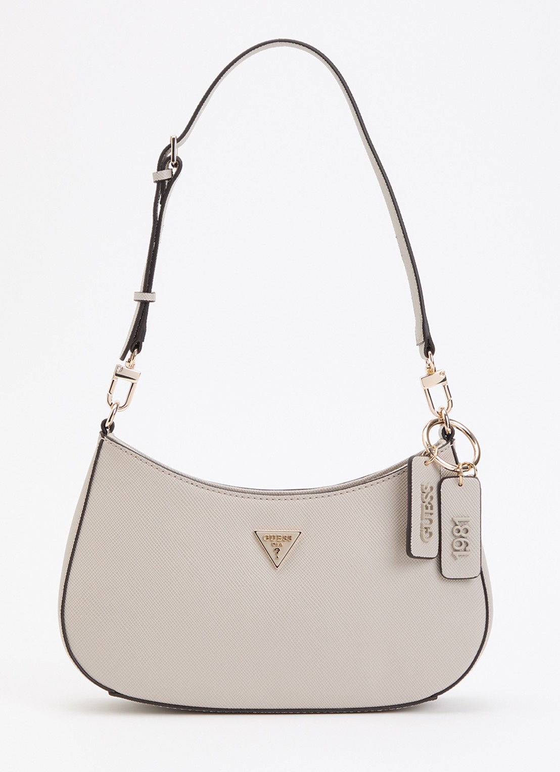 GUESS Noelle saffiano schoudertas met logo en afneembare schouderriem  - voorkant 5 taupe