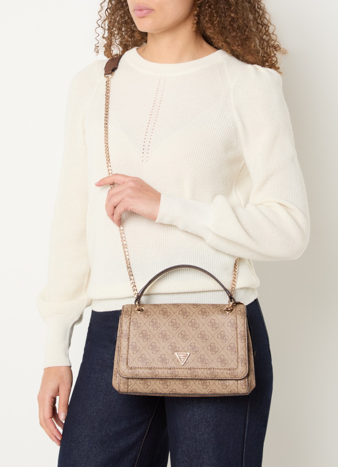 GUESS Noelle schoudertas met logoprint - voorkant 2 beige