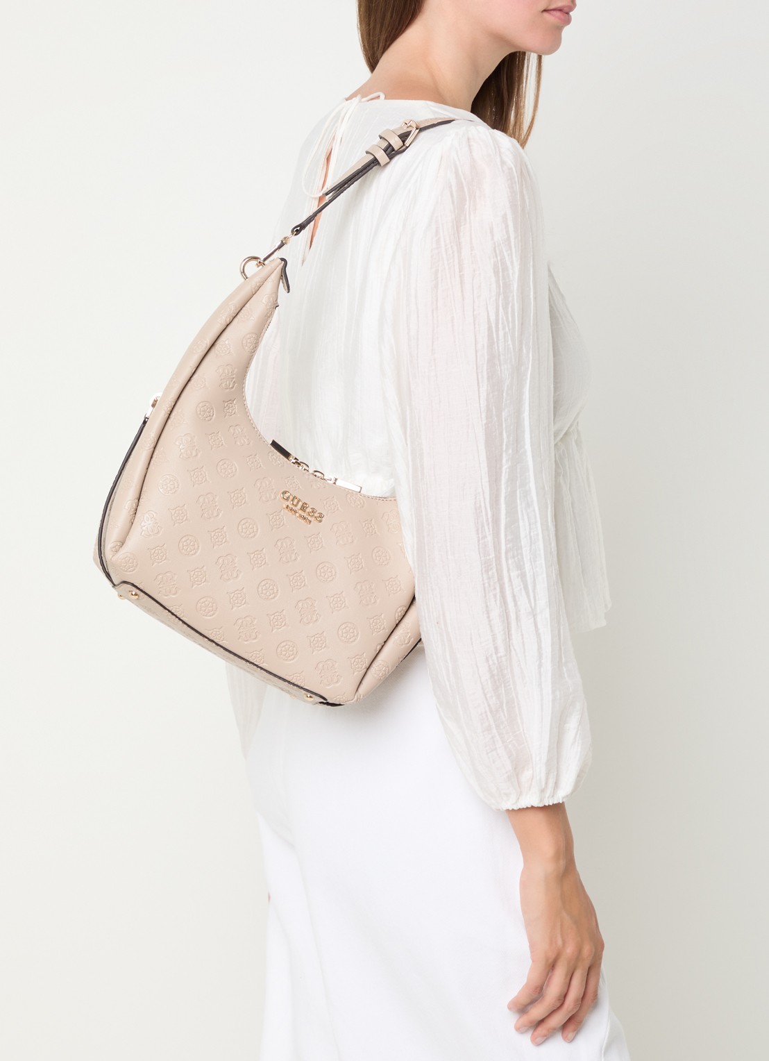 GUESS Phoebe schoudertas met logoprint - voorkant 6 beige