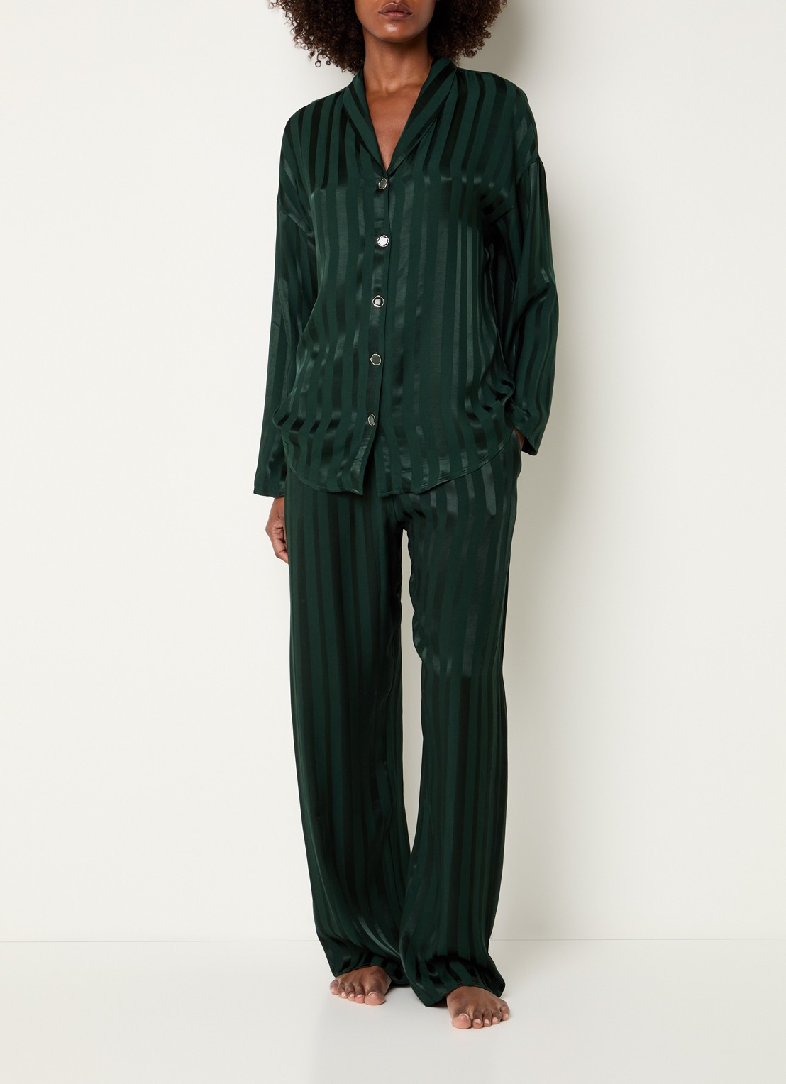 Hanro Indra pyjamabroek met streepprint - voorkant 2 groen