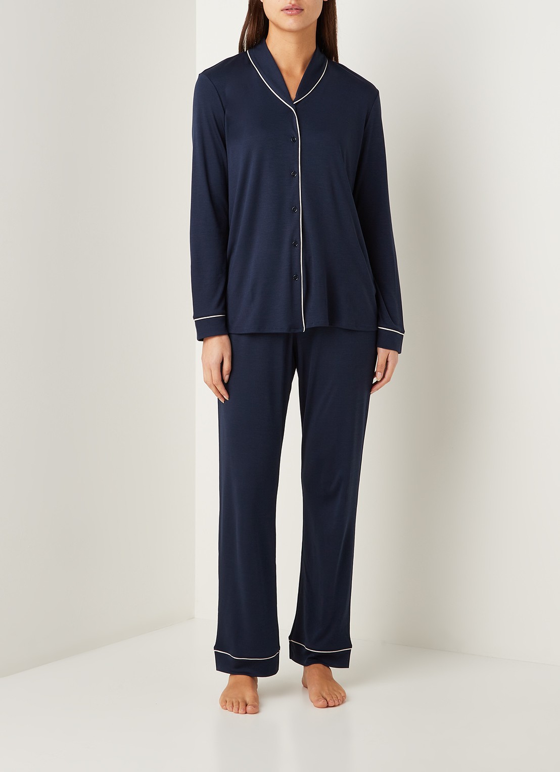 Hanro Pyjamaset  met contrasterende bies - voorkant 2 donkerblauw