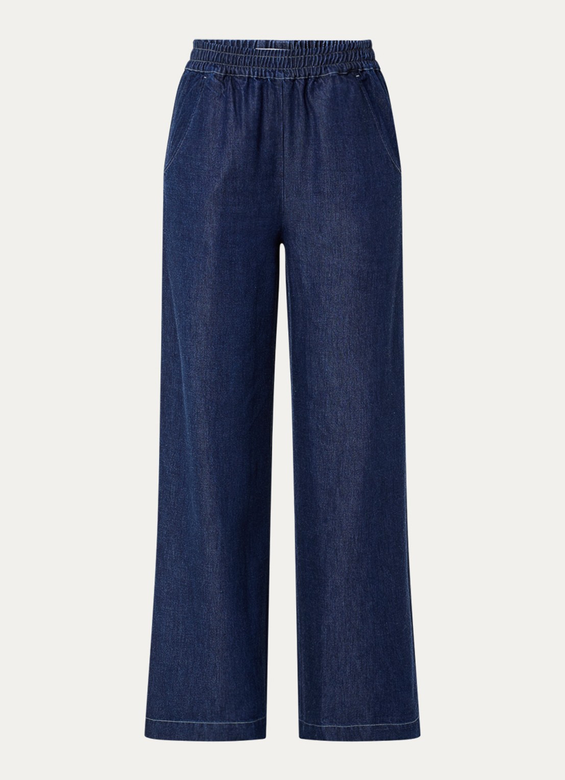 Harper high waist wide leg jeans  met elastische band en steekzakken - voorkant 3 donkerblauw