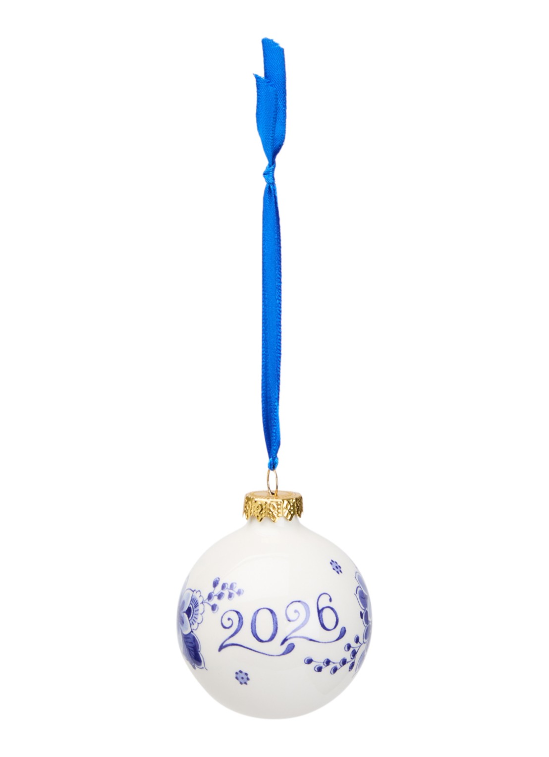 Heinen Delfts Blauw 2026 kerstbal 7 cm - voorkant gebroken wit