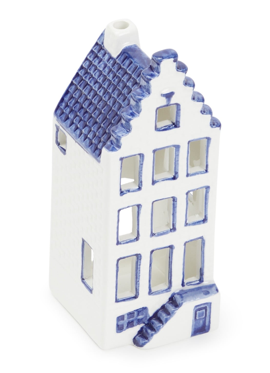 Heinen Delfts Blauw Amsterdam waxinelichthouder 14 cm - voorkant donkerblauw
