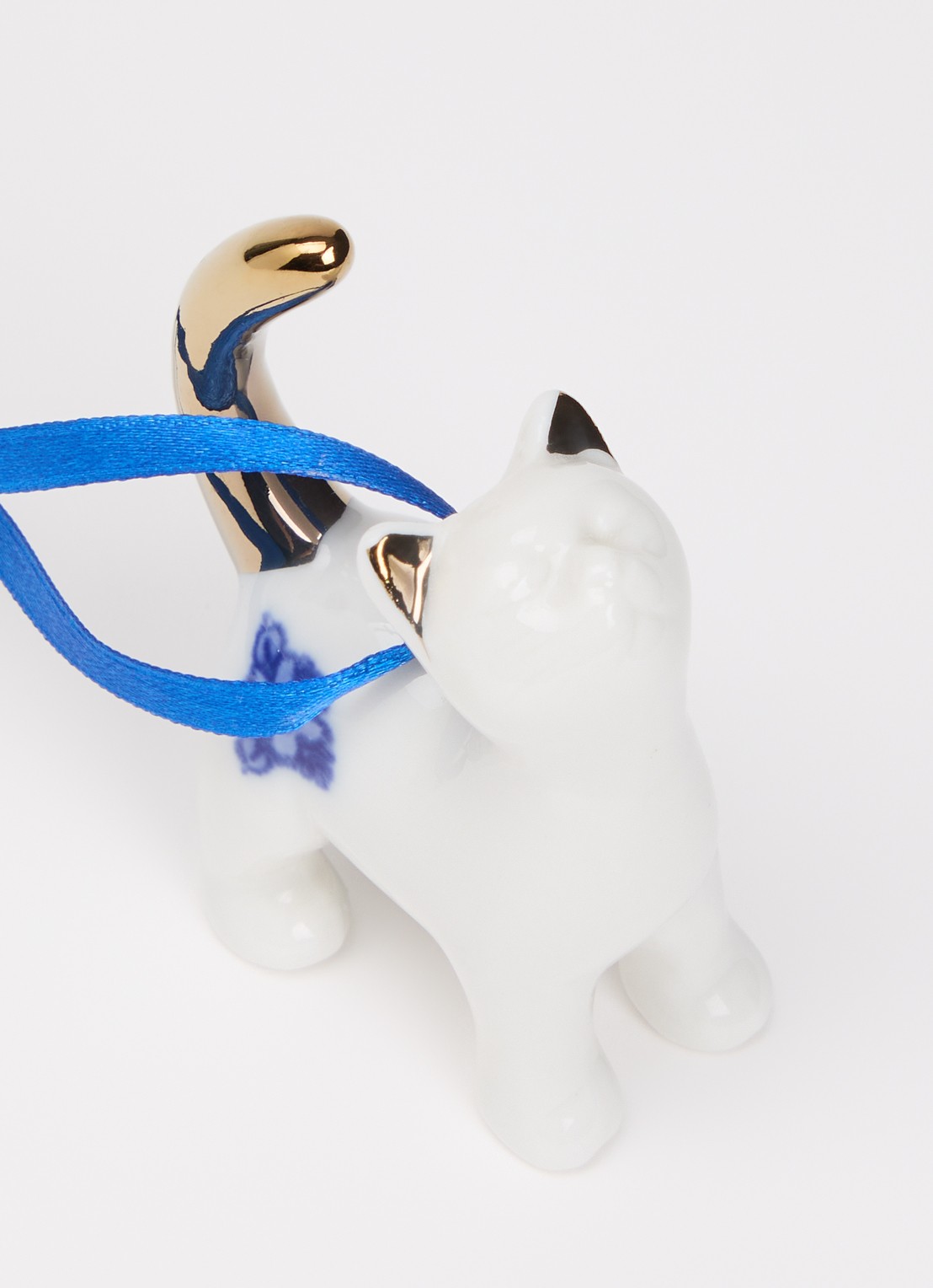 Heinen Delfts Blauw Bedelende Kat kersthanger 6,5 cm - detail gebroken wit