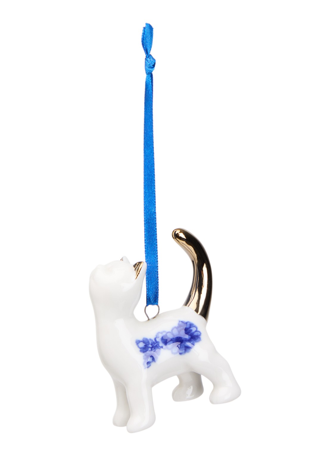 Heinen Delfts Blauw Bedelende Kat kersthanger 6,5 cm - voorkant 2 gebroken wit