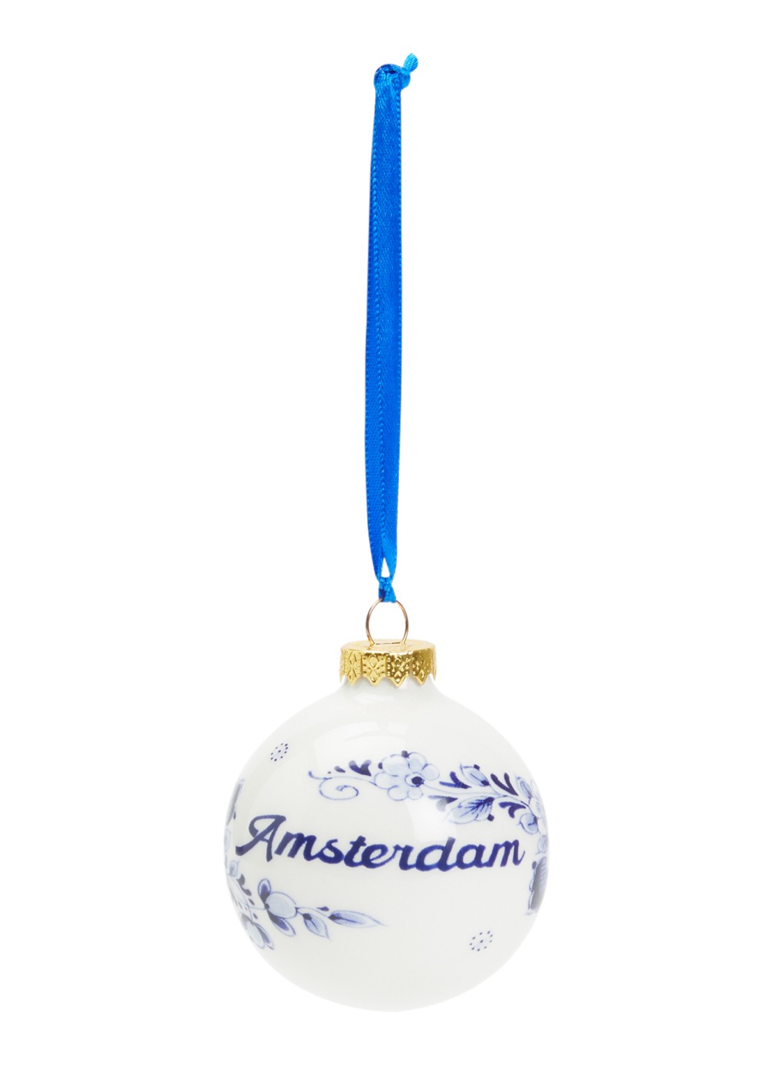 Heinen Delfts Blauw Bloemen Amsterdam kerstbal 7 cm - voorkant 2 gebroken wit