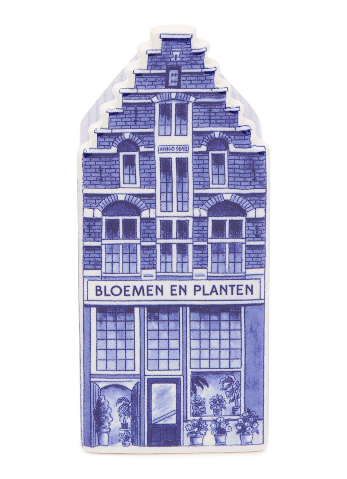 Heinen Delfts Blauw Bloemen en Planten Grachtenpand ornament 14 cm - voorkant donkerblauw