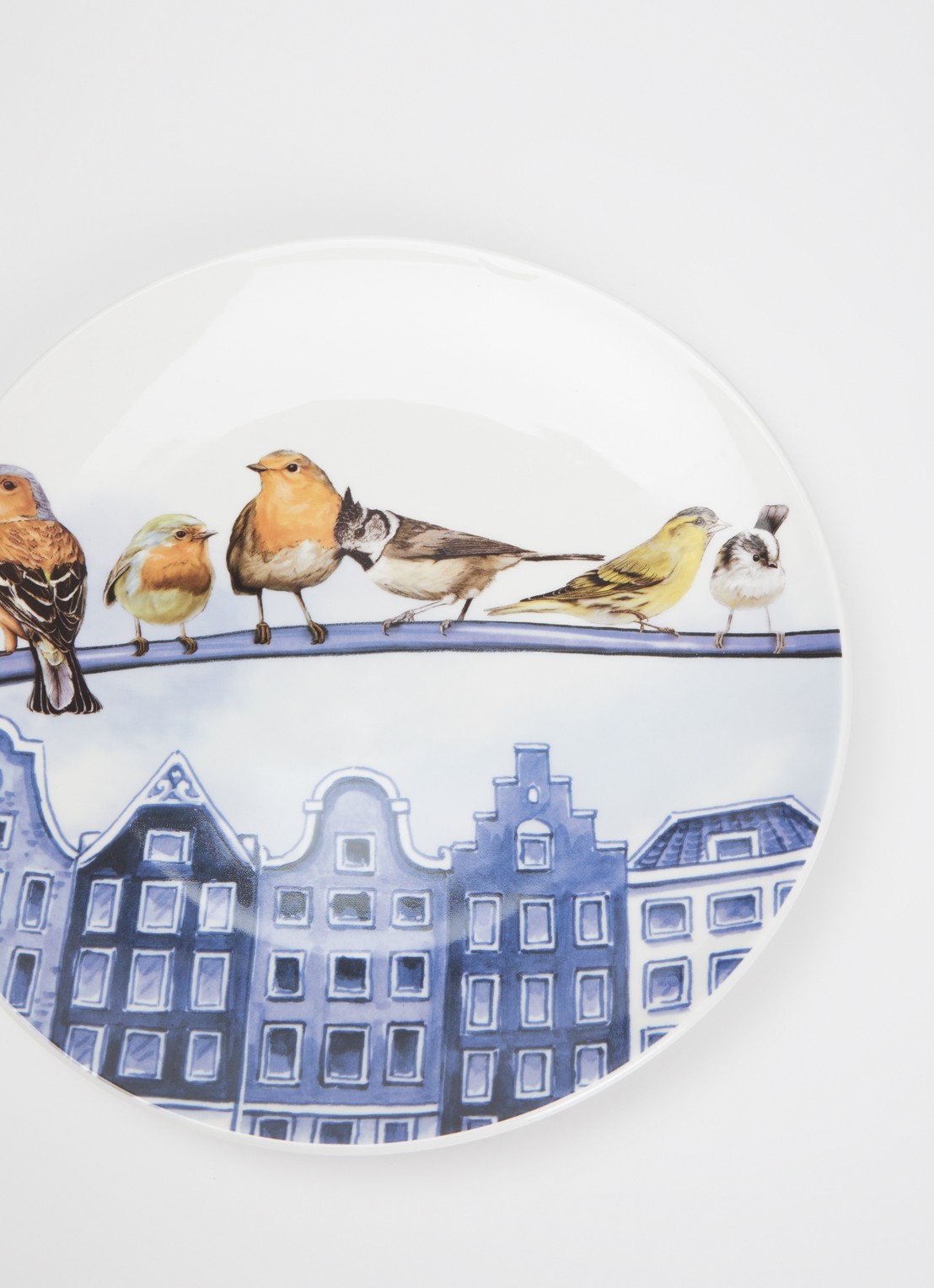 Heinen Delfts Blauw Bosvogels in de stad wandbord 26,5 cm - detail wit