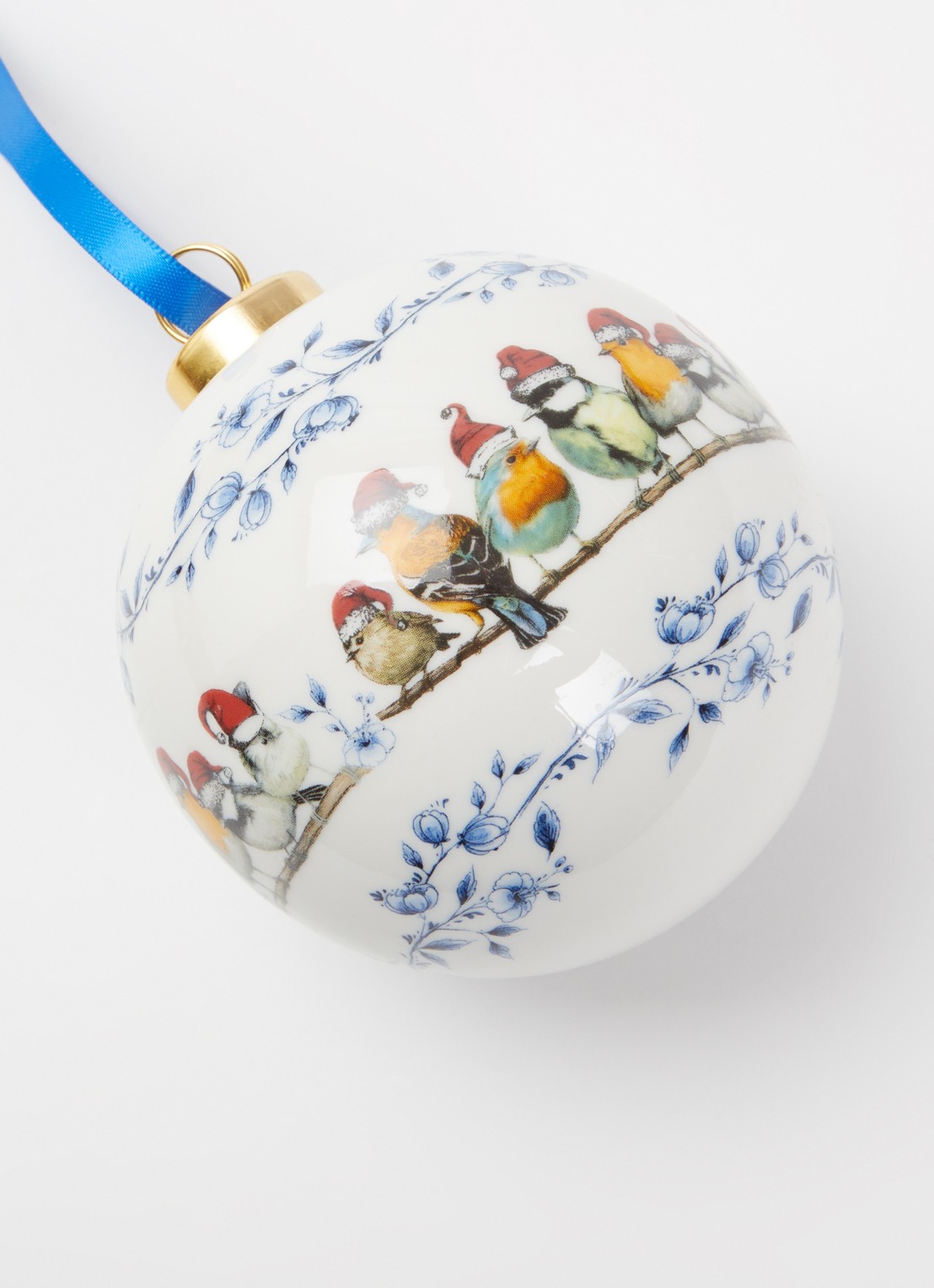 Heinen Delfts Blauw Bosvogels Kerstmuts kerstbal 8 cm - detail gebroken wit
