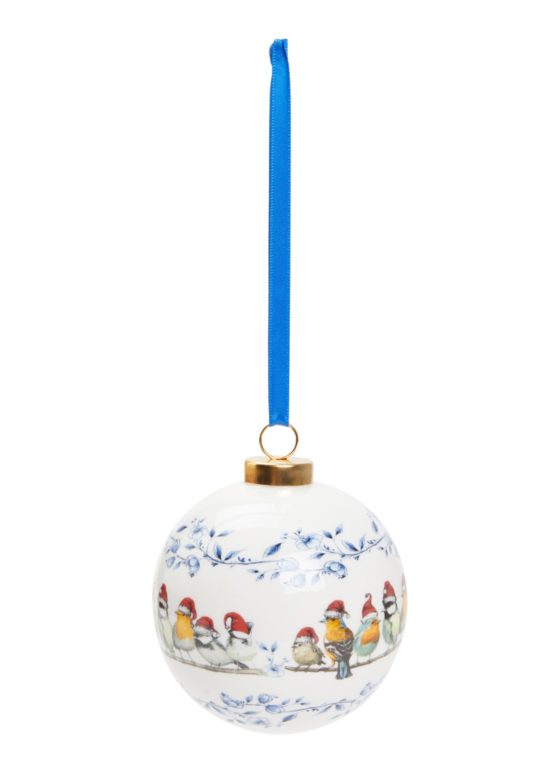 Heinen Delfts Blauw Bosvogels Kerstmuts kerstbal 8 cm - voorkant 2 gebroken wit