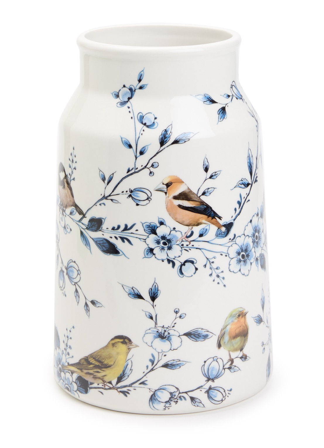 Heinen Delfts Blauw Bosvogels melkbus vaas 30 cm - voorkant wit