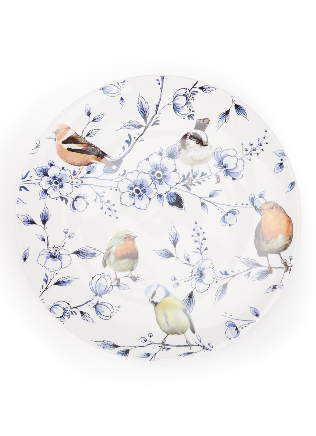 Heinen Delfts Blauw Bosvogels met bloesem wandbord 31 cm - voorkant 3 wit