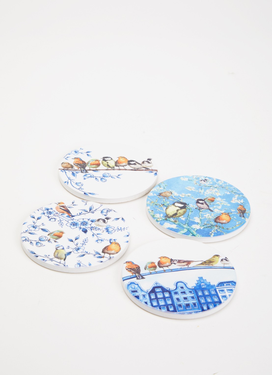 Heinen Delfts Blauw Bosvogels onderzetter van keramiek set van 4 - voorkant 2 multicolor