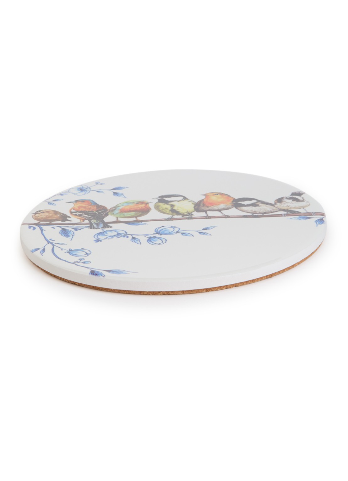 Heinen Delfts Blauw Bosvogels panonderzetter 18 cm - voorkant wit