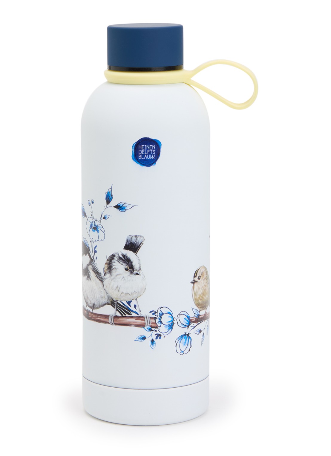 Heinen Delfts Blauw Bosvogels thermosfles 50 cl - voorkant gebroken wit