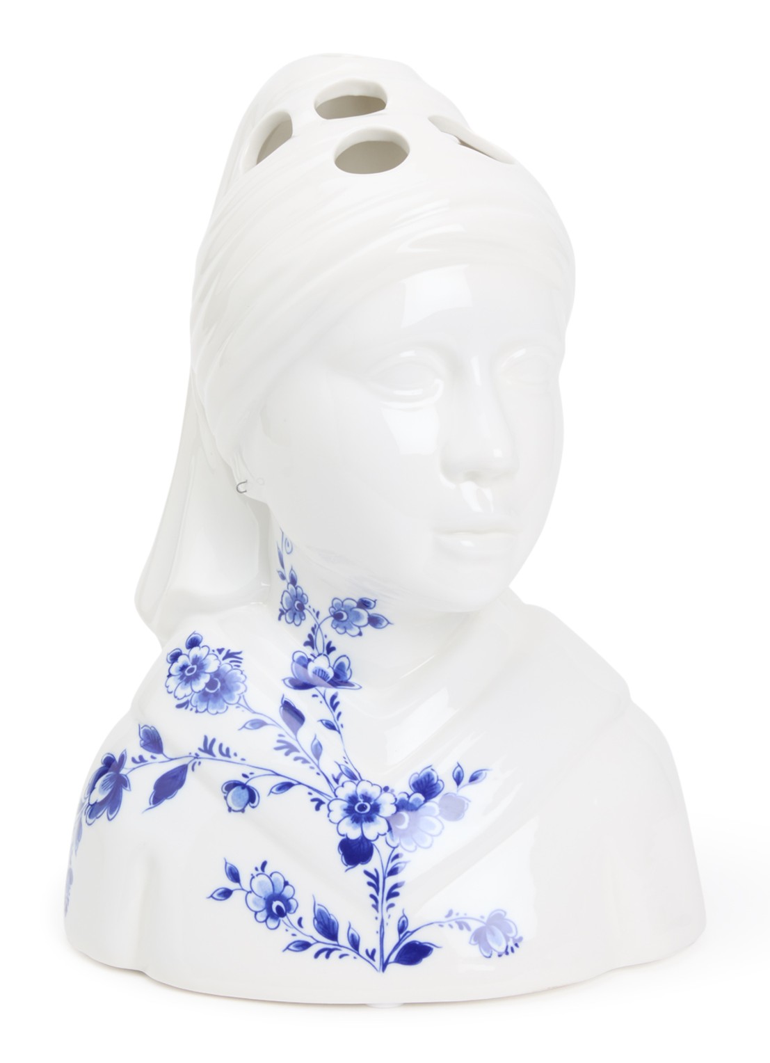 Heinen Delfts Blauw Buste Meisje met de parel vaas 33 cm  - voorkant wit