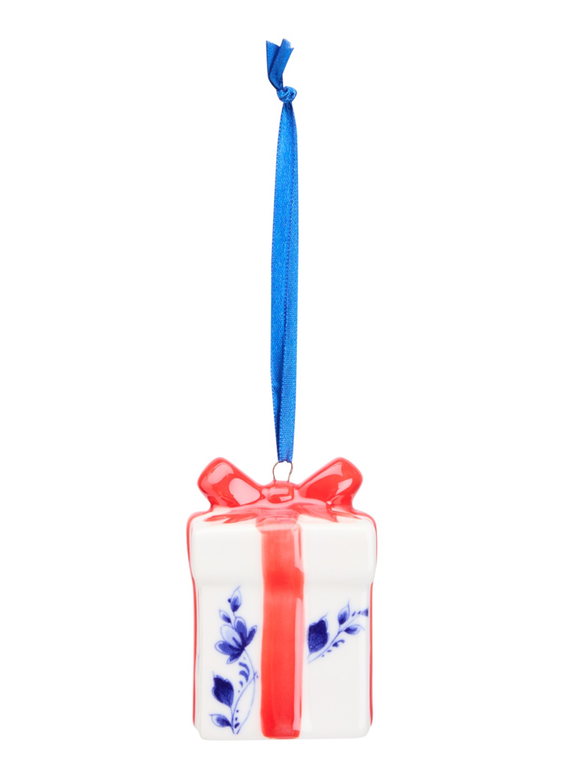 Heinen Delfts Blauw Cadeautje kersthanger 6,5 cm - voorkant gebroken wit