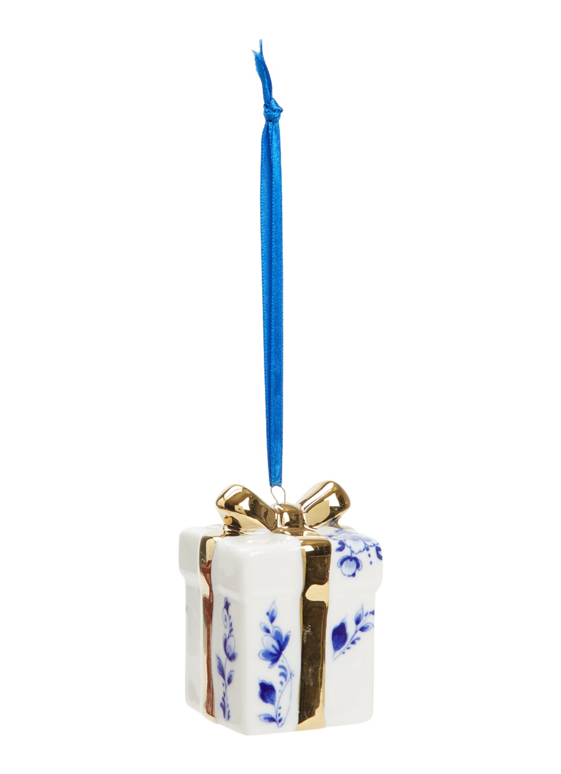 Heinen Delfts Blauw Cadeautje kersthanger 6,5 cm - voorkant gebroken wit