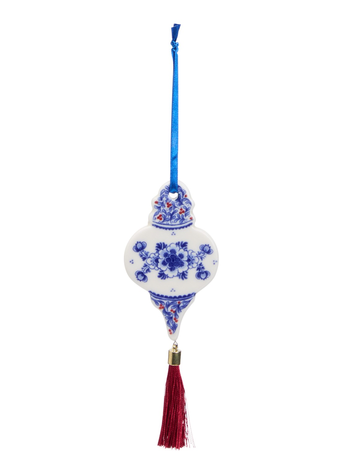 Heinen Delfts Blauw Druppel kersthanger plat 9 cm - voorkant gebroken wit