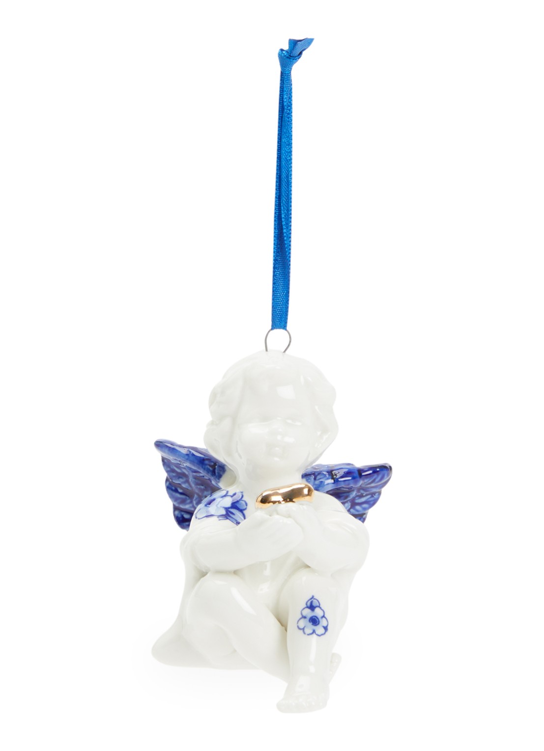 Heinen Delfts Blauw Engel kersthanger 8,5 cm - voorkant 2 gebroken wit