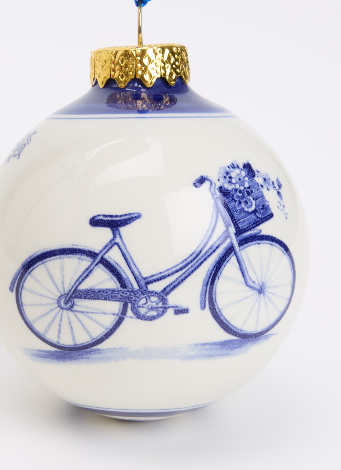 Heinen Delfts Blauw Fiets kerstbal 7 cm - detail donkerblauw