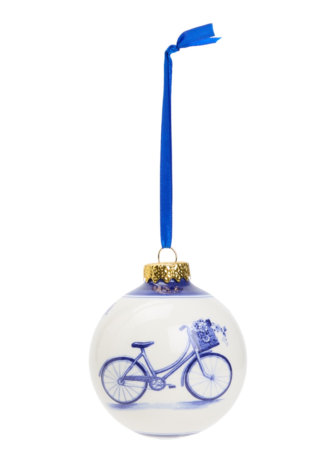 Heinen Delfts Blauw Fiets kerstbal 7 cm - voorkant 2 donkerblauw