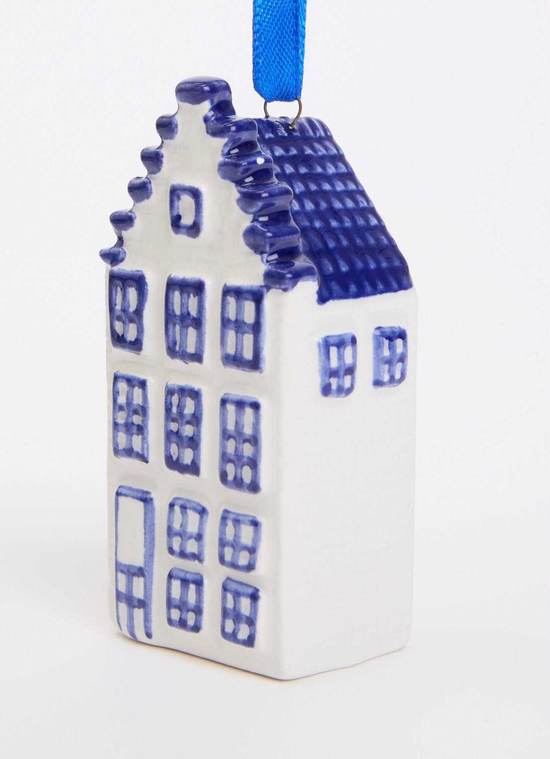 Heinen Delfts Blauw Grachtenhuisje kersthanger 7,5 cm - detail donkerblauw