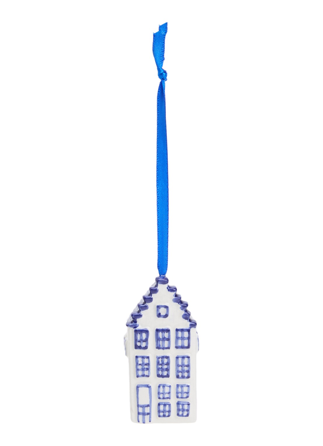 Heinen Delfts Blauw Grachtenhuisje kersthanger 7,5 cm - voorkant 2 donkerblauw