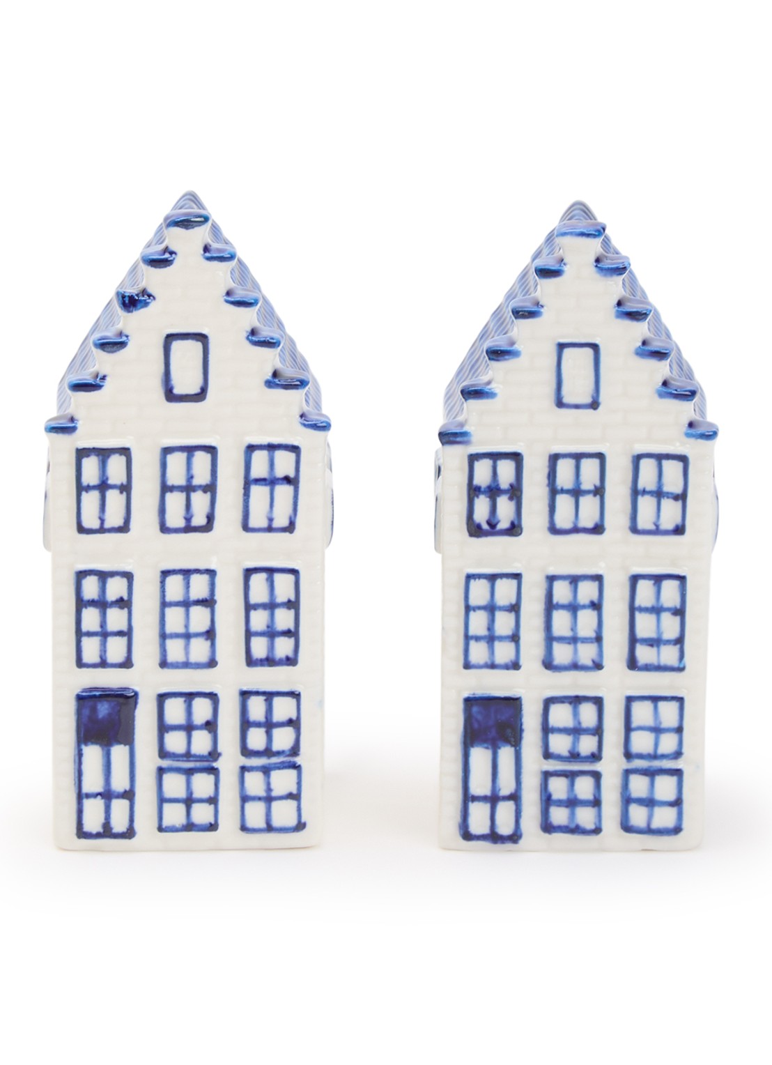 Heinen Delfts Blauw Grachtenhuisjes peper- en zoutstel 2-delig 9 cm - voorkant blauw