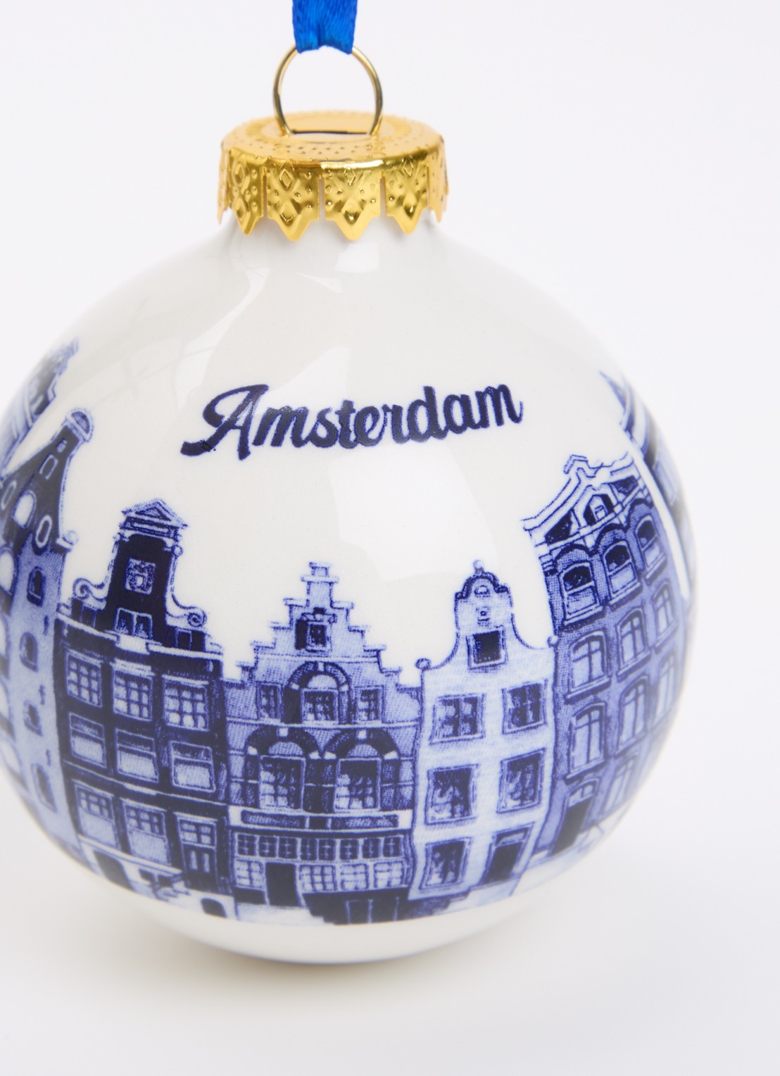 Heinen Delfts Blauw Grachtenpandjes kerstbal 7 cm - detail donkerblauw