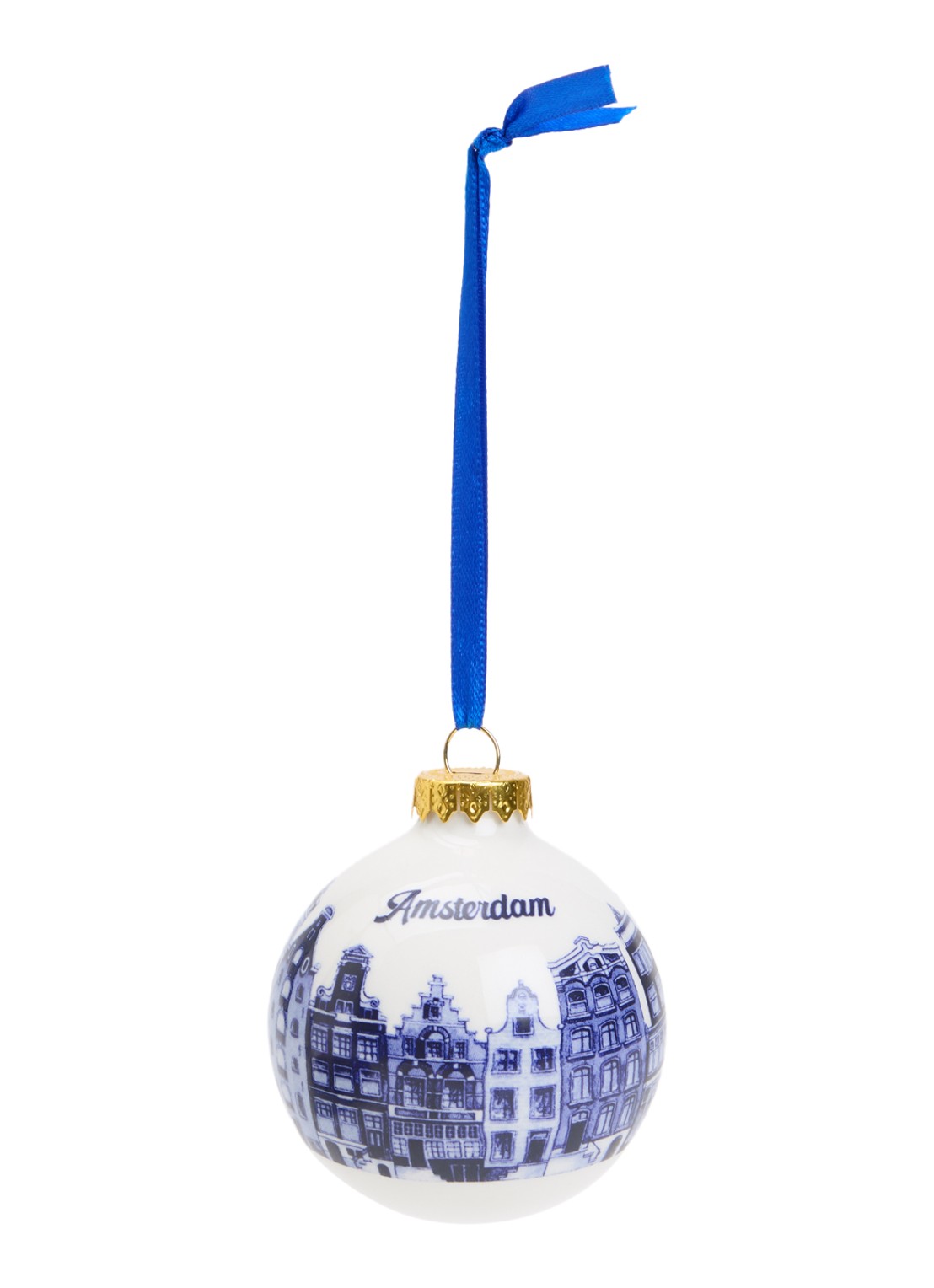 Heinen Delfts Blauw Grachtenpandjes kerstbal 7 cm - voorkant 2 donkerblauw