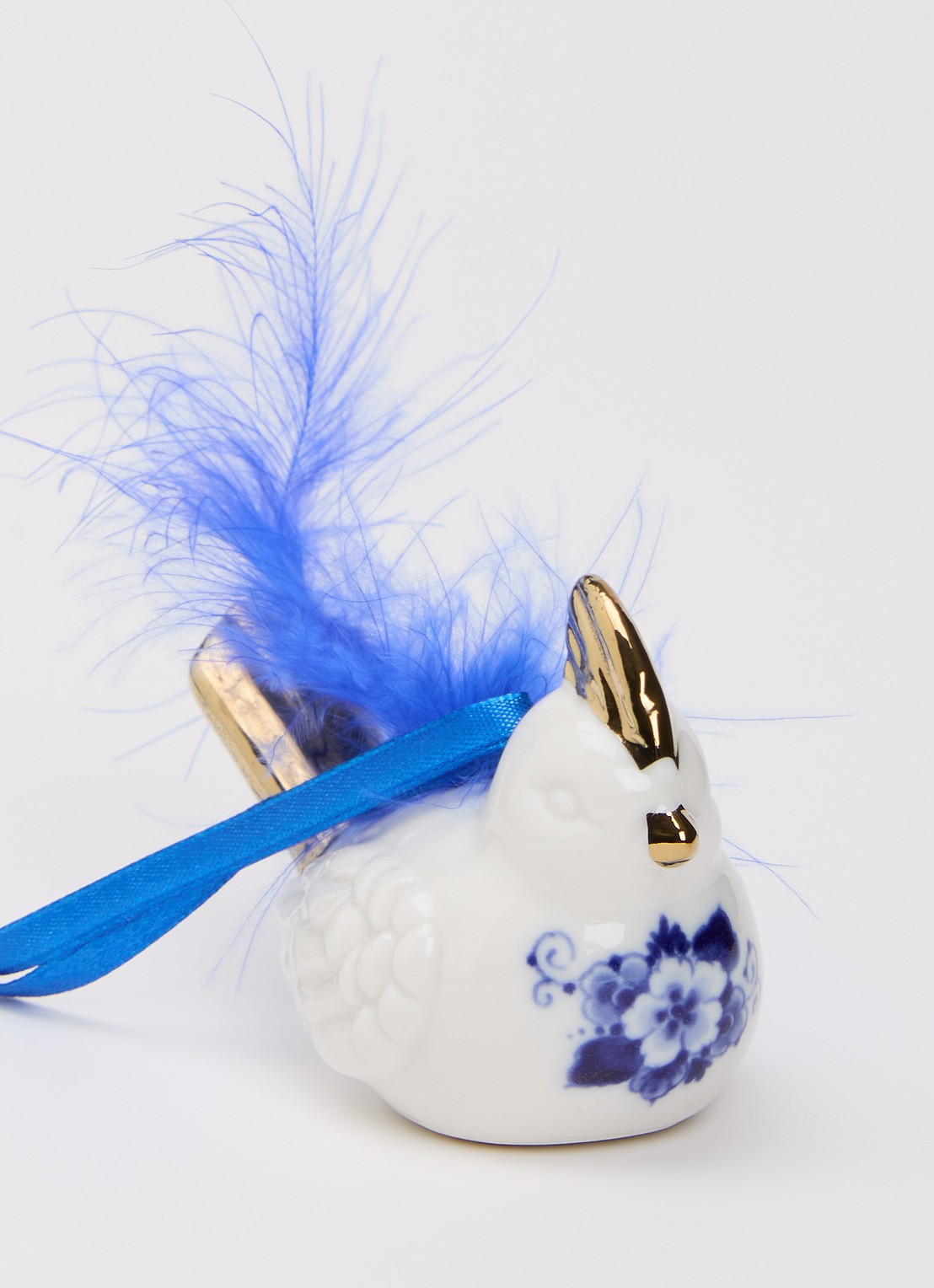 Heinen Delfts Blauw Haantje Met Veer kersthanger 5 cm - detail 2 gebroken wit