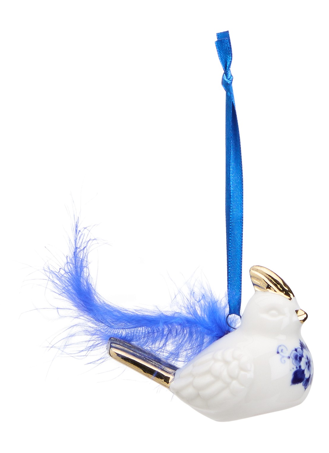 Heinen Delfts Blauw Haantje Met Veer kersthanger 5 cm - voorkant gebroken wit