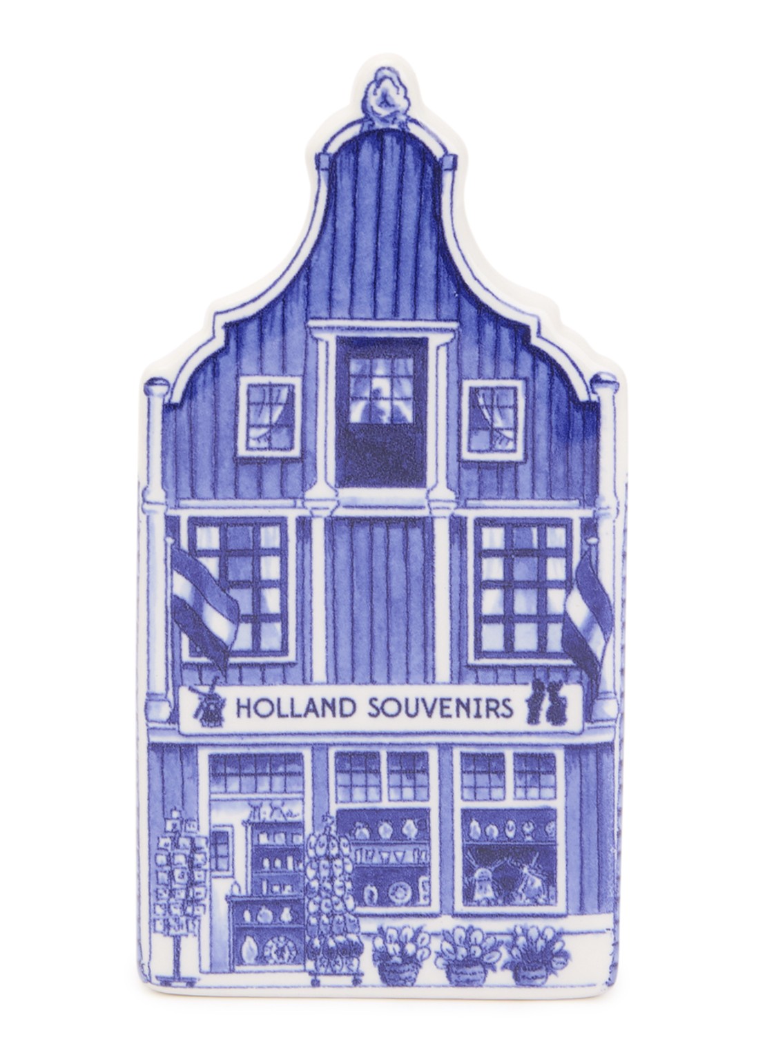 Heinen Delfts Blauw Holland Souvenirs Grachtenpand ornament 12,5 cm - voorkant donkerblauw
