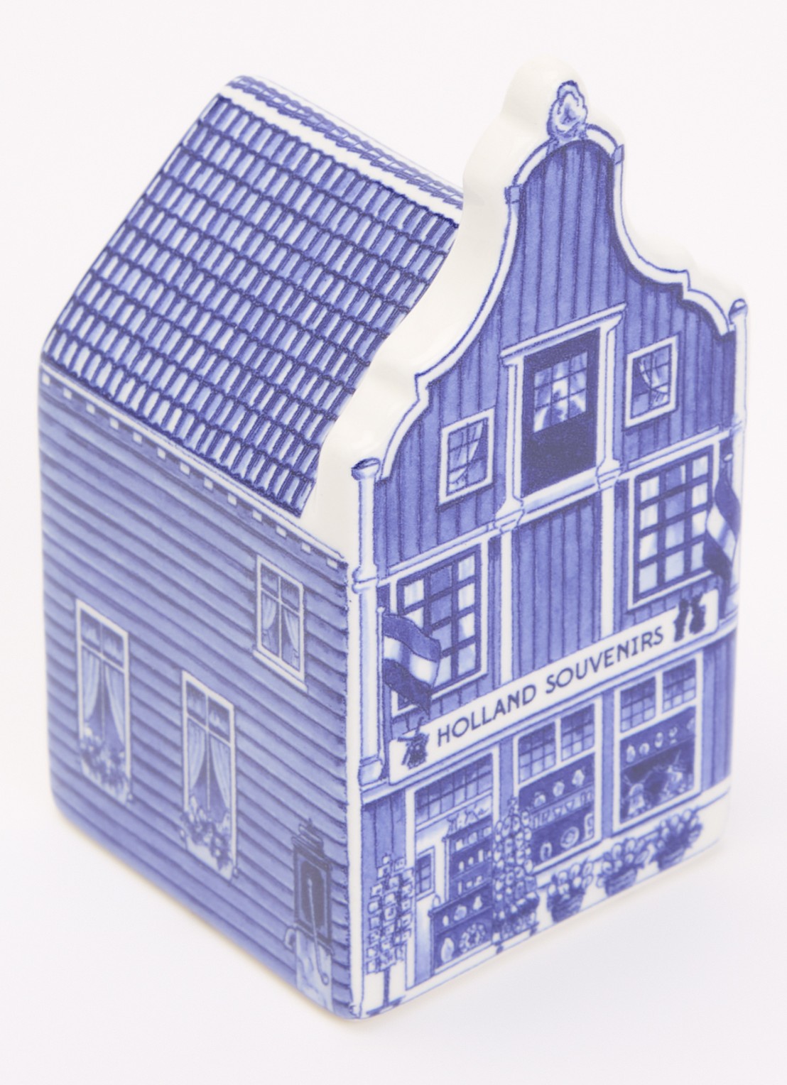 Heinen Delfts Blauw Holland Souvenirs Grachtenpand ornament 12,5 cm - voorkant 2 donkerblauw