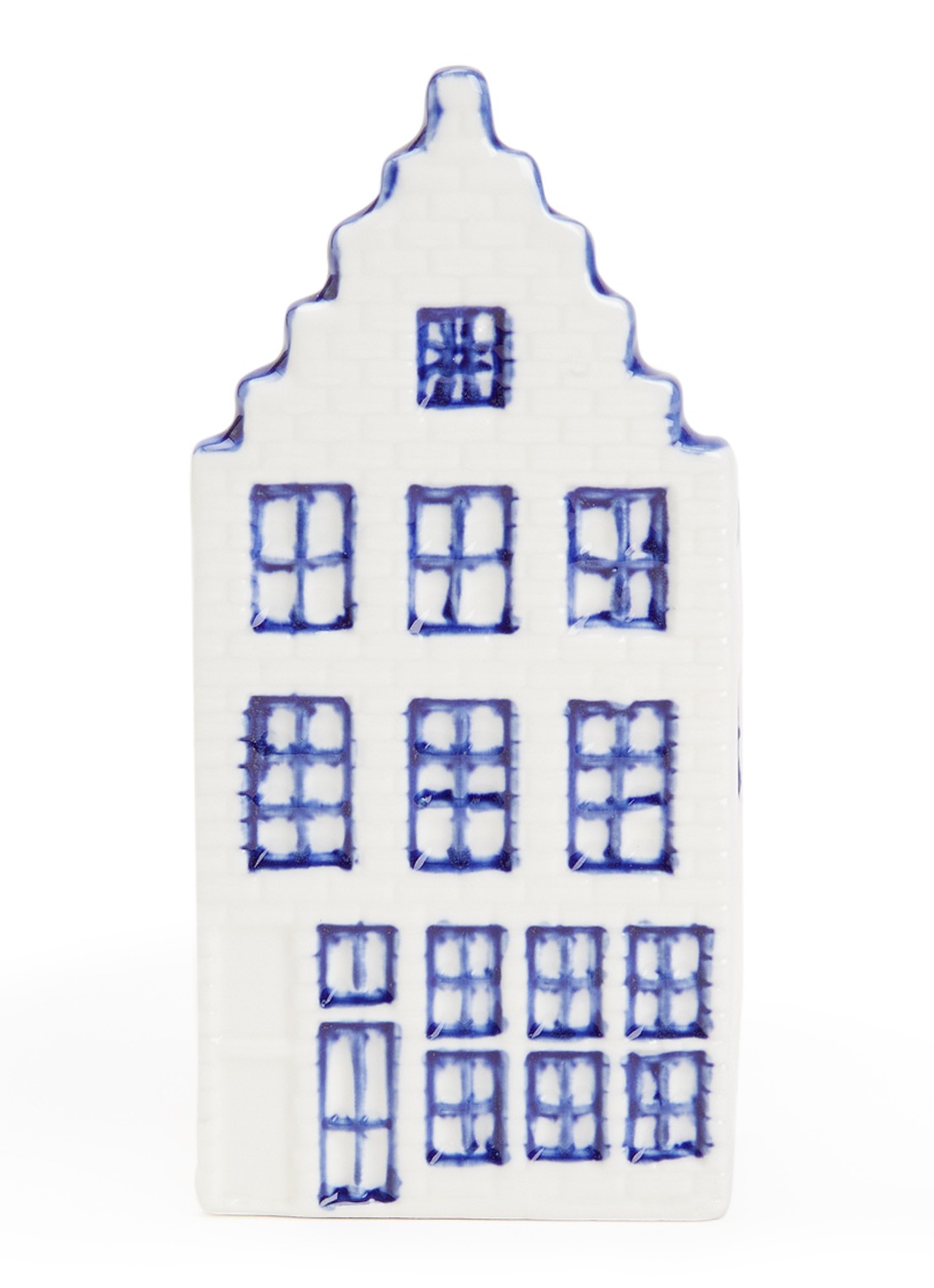 Heinen Delfts Blauw Huisje 1 Trapgevel vaas 13 cm - voorkant blauw