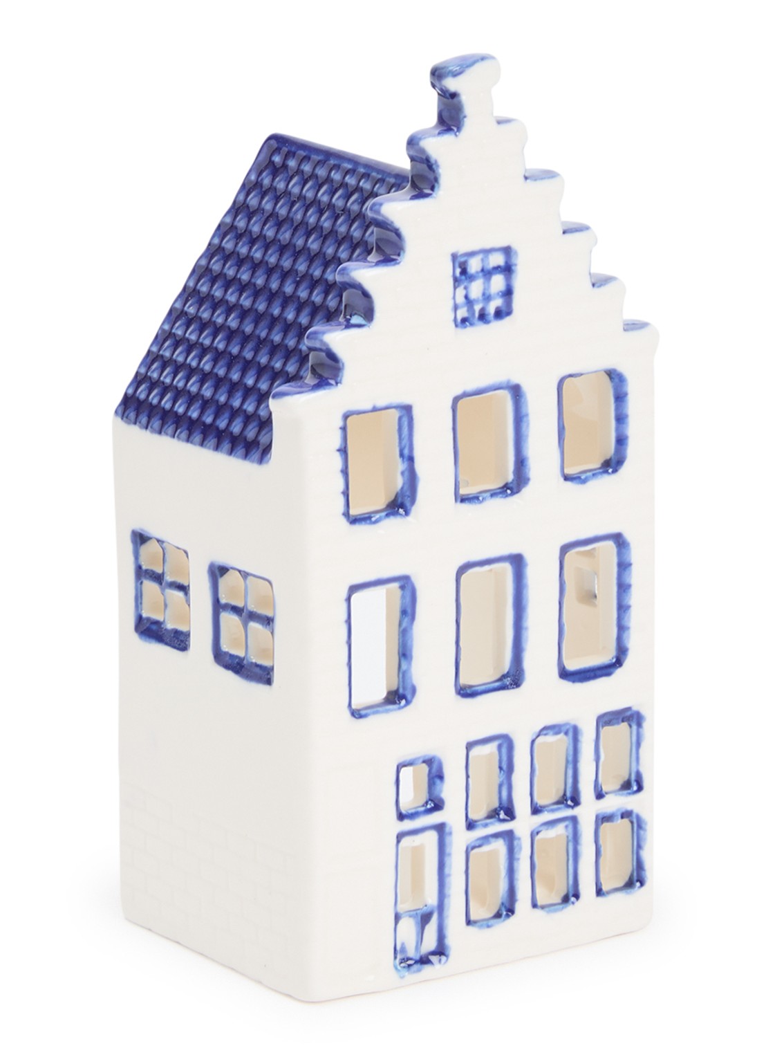 Heinen Delfts Blauw Huisje 1 Trapgevel waxinelichthouder 13 cm - voorkant blauw