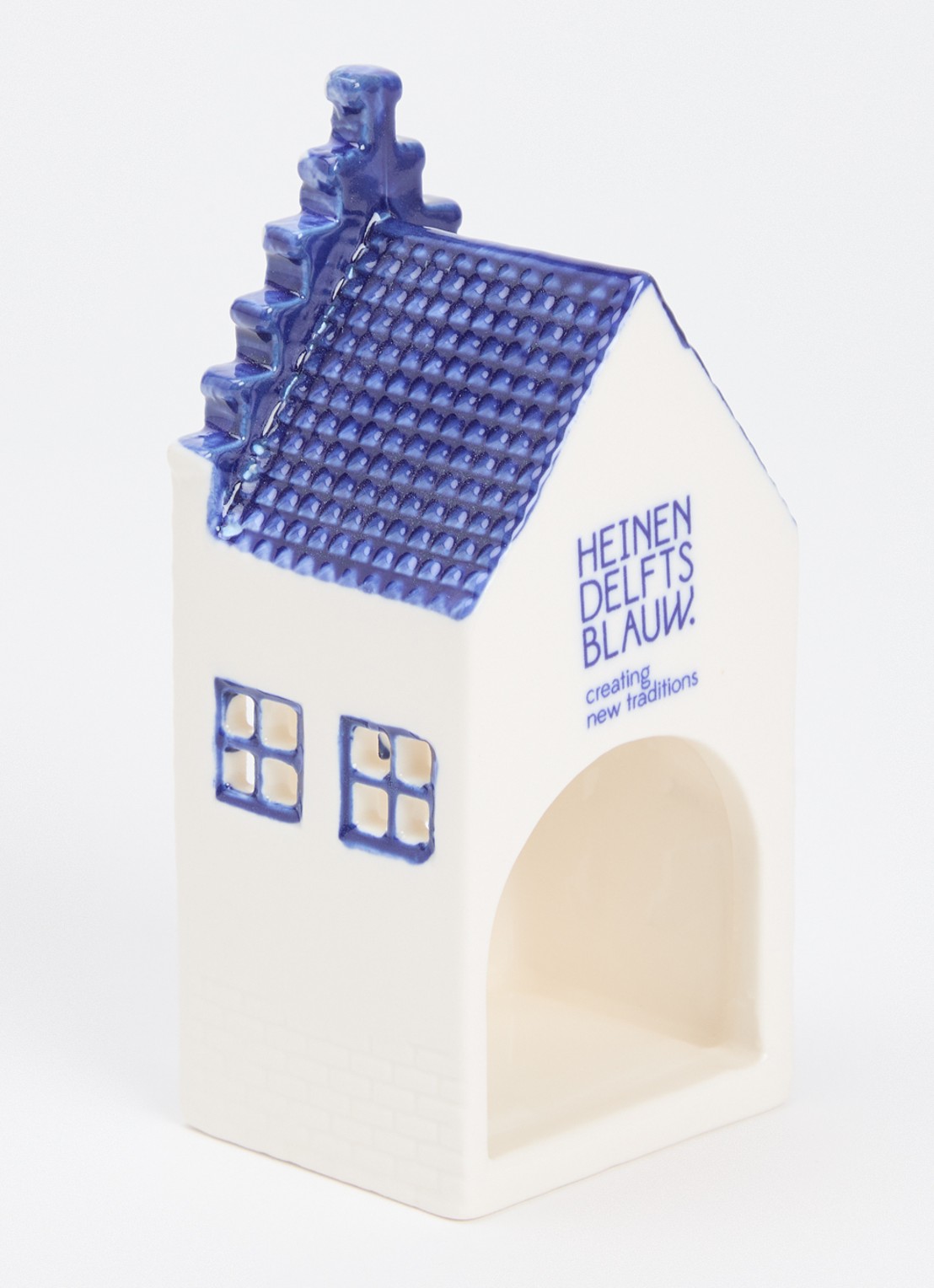 Heinen Delfts Blauw Huisje 1 Trapgevel waxinelichthouder 13 cm - voorkant 2 blauw